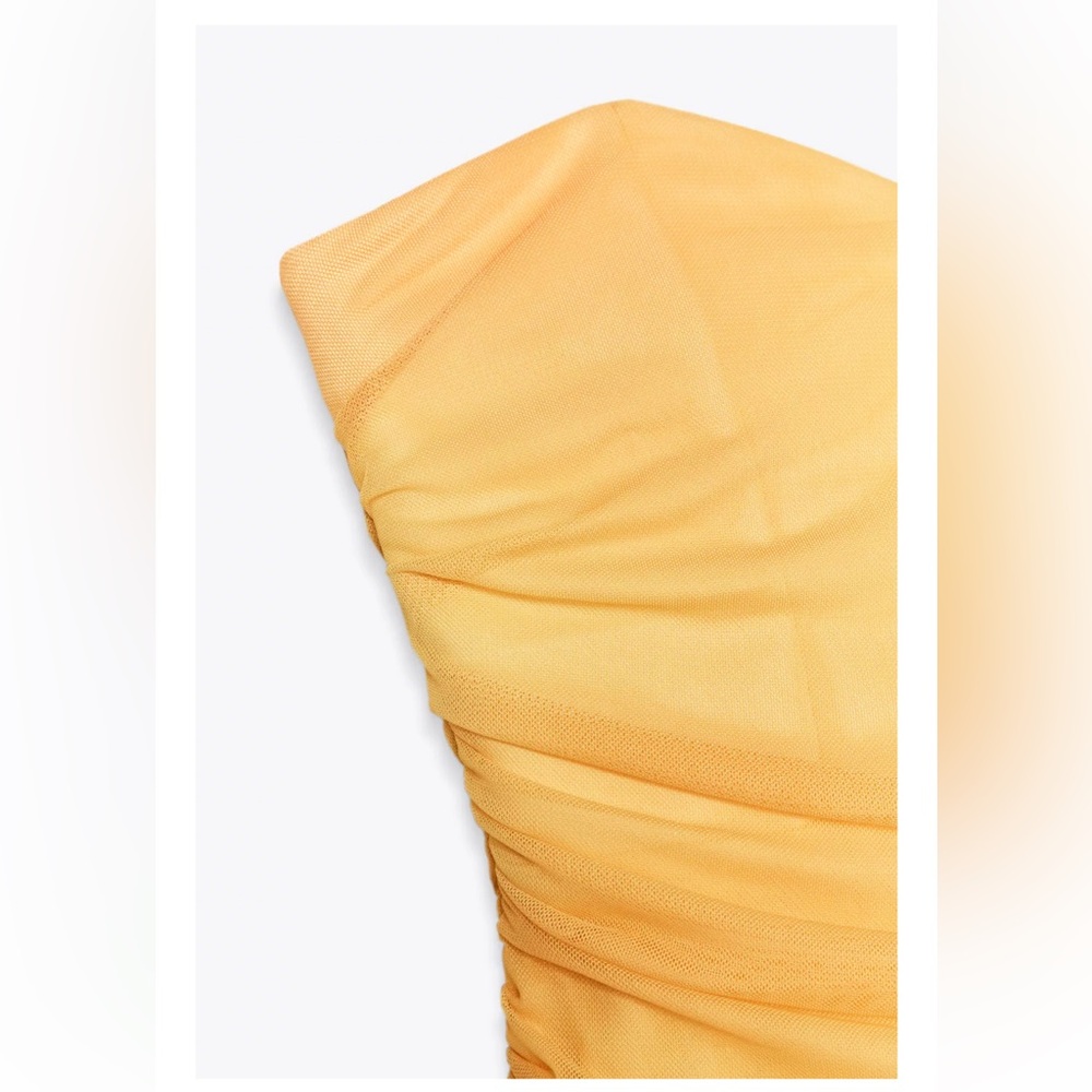 Zara NWT yellow orange tie dye printed tulle midi draped ruched sweetheart dress - Picture 15 of 15